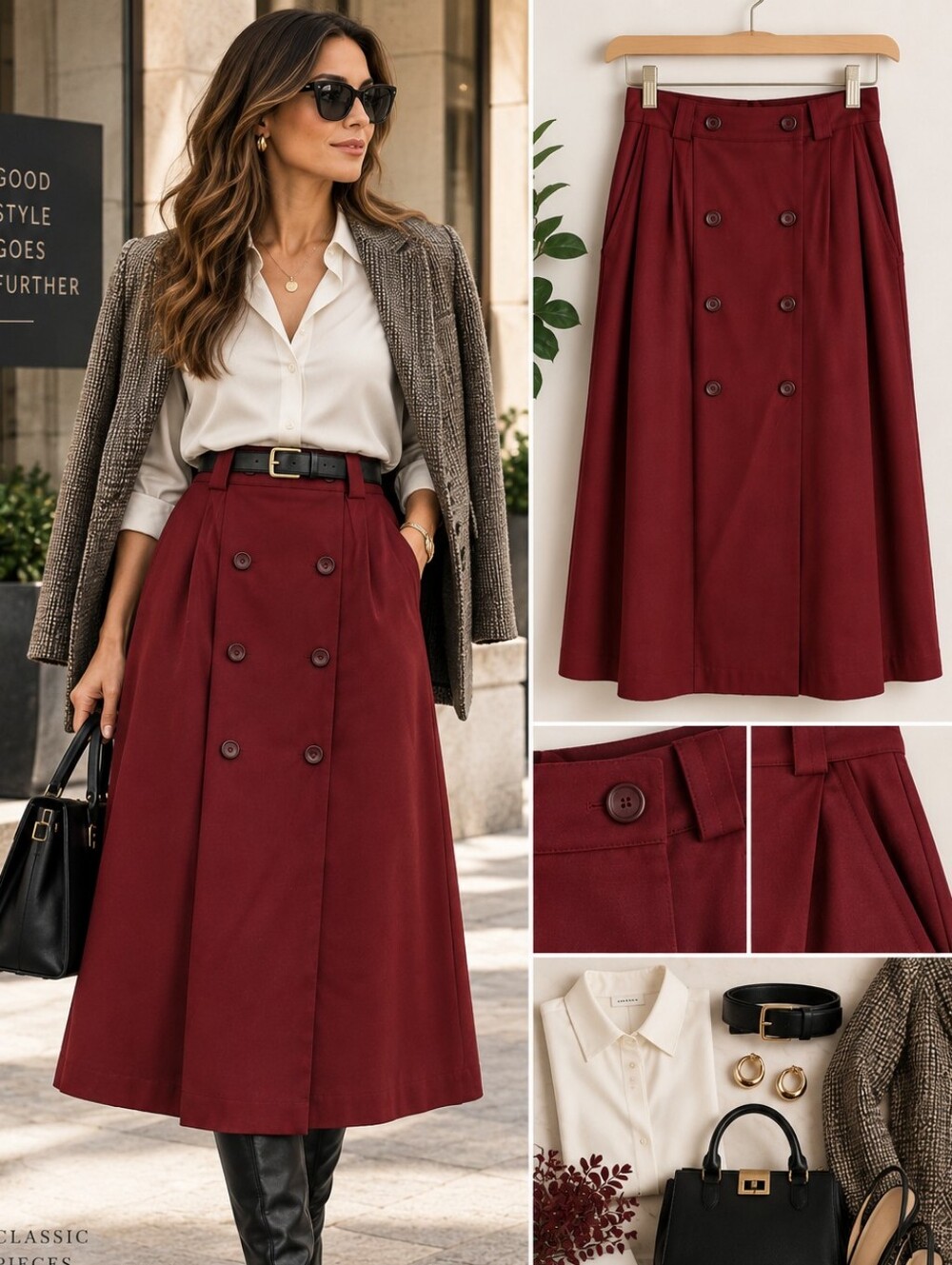 Burgundy Double-Breasted Wrap Front Midi A-Line Skirt